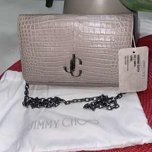 Jimmy Choo VARENNE CLUTCH BAG SAND Croco-embossed Leather Gold Hardware & Chain